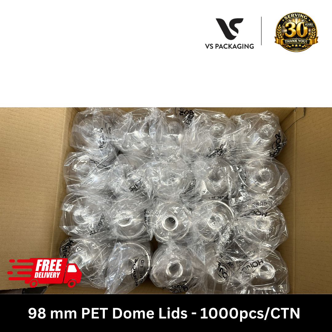 98 mm PET Dome Lids - 1000pcs/CTN VS Packaging
