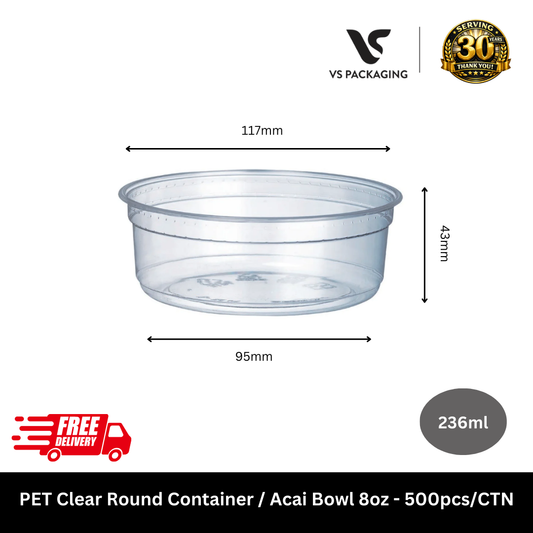 Crystal clear 8oz PET acai bowl and dessert container for cafes and catering 500pcs - VS Packaging Australia.