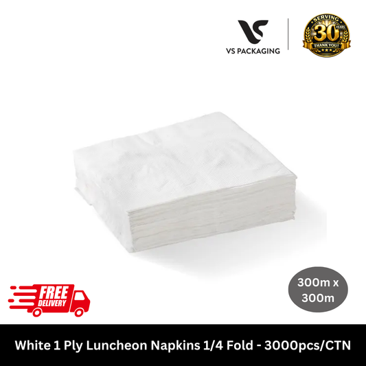 White 1 ply luncheon napkins 1/4 fold embossed bulk 3000 count for cafes and aged care facilities Australia.