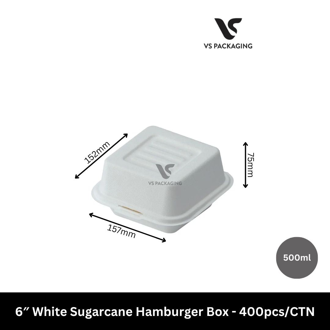 6″ White Sugarcane Hamburger Box - 400pcs/CTN VS Packaging
