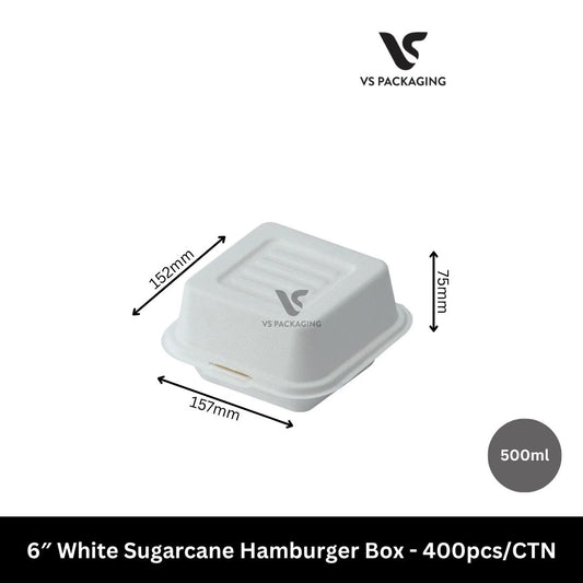 6″ White Sugarcane Hamburger Box - 400pcs/CTN VS Packaging