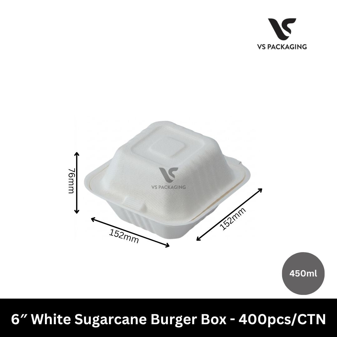 6″ Sugarcane Burger Box 450ml BFAS Free – 400pcs/CTN VS Packaging