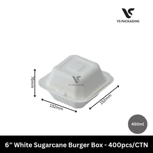 6″ Sugarcane Burger Box 450ml BFAS Free – 400pcs/CTN VS Packaging