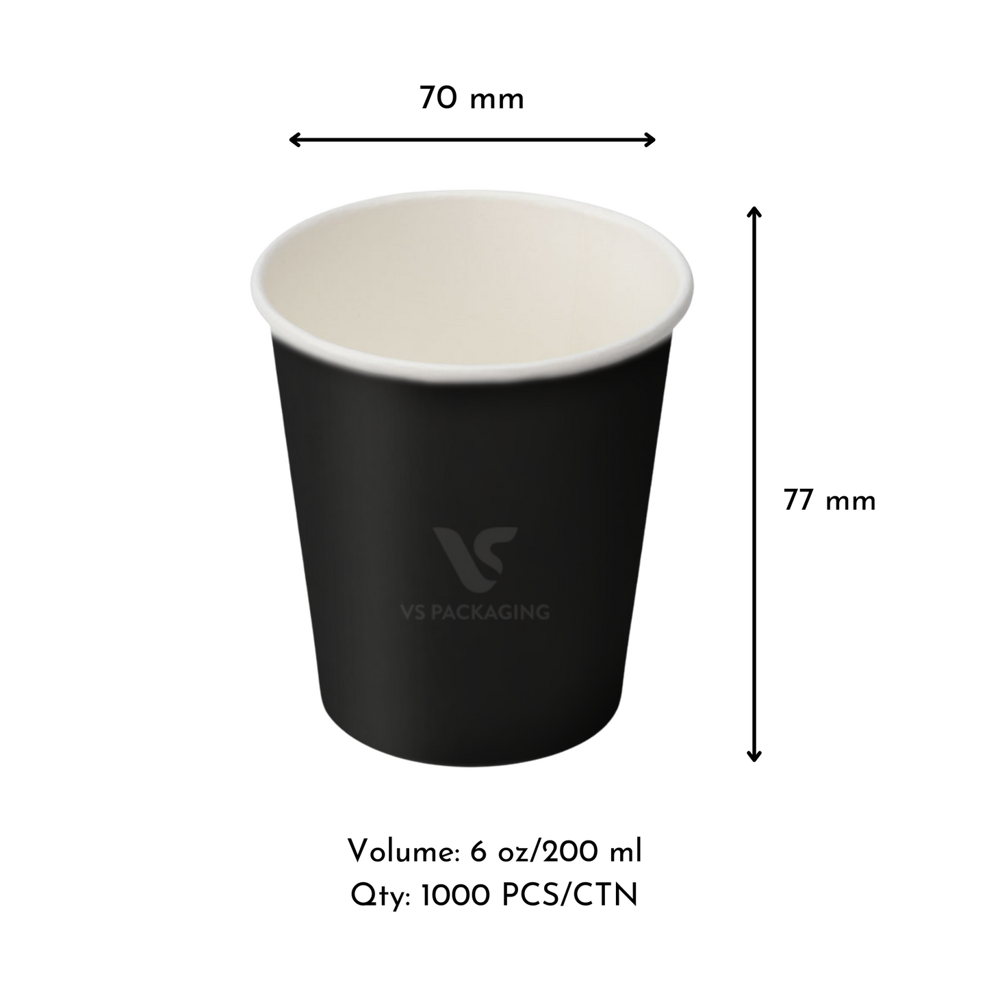 6oz Black Single Wall Paper Cup – 70mm Diameter (1000pcs) VS Packaging