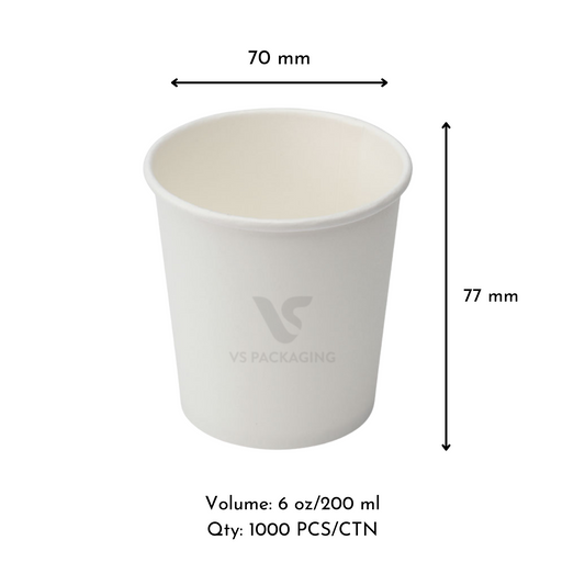 6oz White Single Wall Paper Cup – 70mm Diameter (1000pcs) by VS Packaging