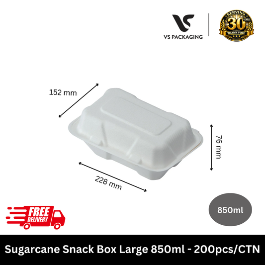 Large 850ml sugarcane bio snack box clamshell in white for hot chips and nuggets 200pcs - VS Packaging Australia.