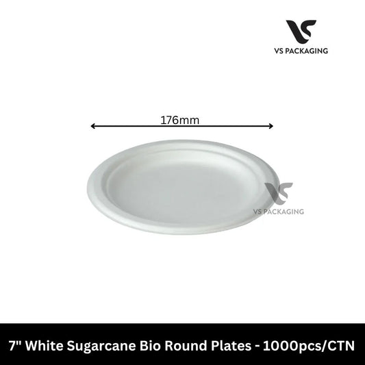 7" White Sugarcane Bio Round Plates - 1000pcs/CTN VS Packaging