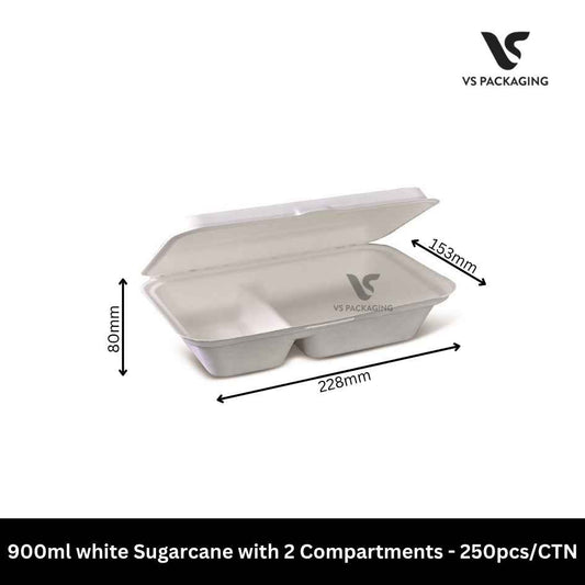 900ml white Sugarcane with 2 Compartments - 250pcs/CTN VS Packaging