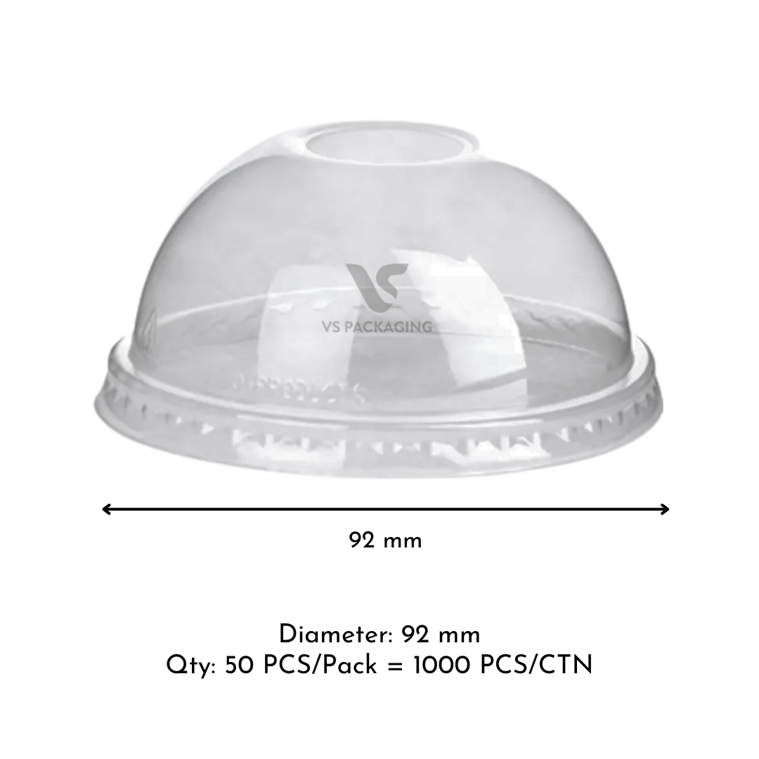 92 mm PET dome lid with hole for 8 oz and 12 oz clear PET cups – bulk takeaway packaging Australia