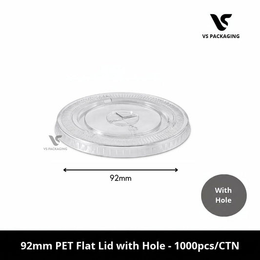 92mm PET Flat Lid with Hole fits 8oz-12oz - 1000pcs/CTN VS Packaging