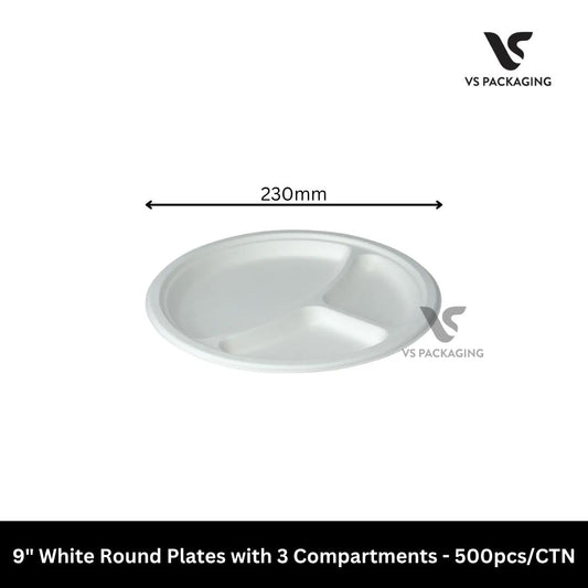 9″ Sugarcane Round Plates with 3 Compartments - 500pcs/CTN VS Packaging