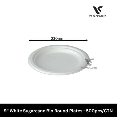 9" White Sugarcane Round Plate PFAS Free - 500pcs/CTN VS Packaging