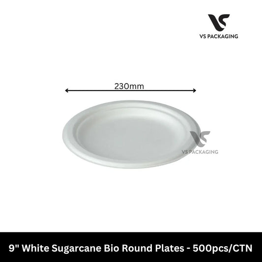 9" White Sugarcane Round Plate PFAS Free - 500pcs/CTN VS Packaging