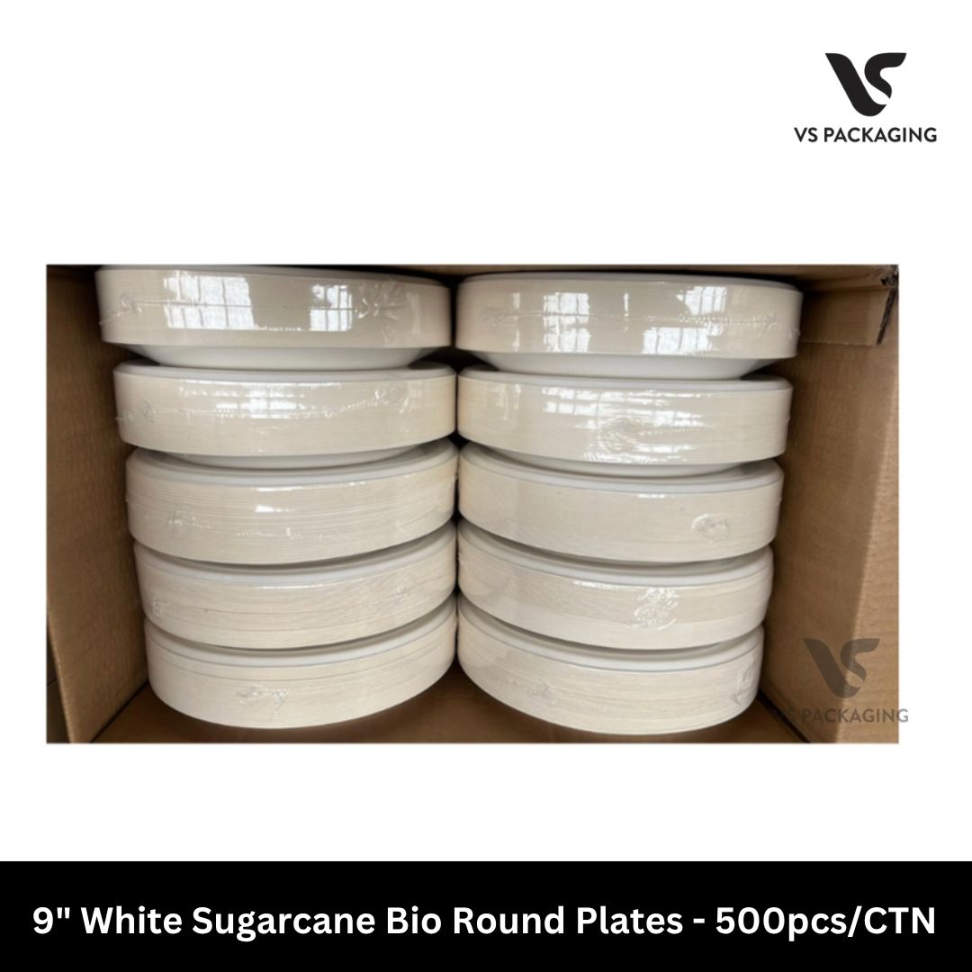 9" White Sugarcane Round Plate PFAS Free - 500pcs/CTN VS Packaging