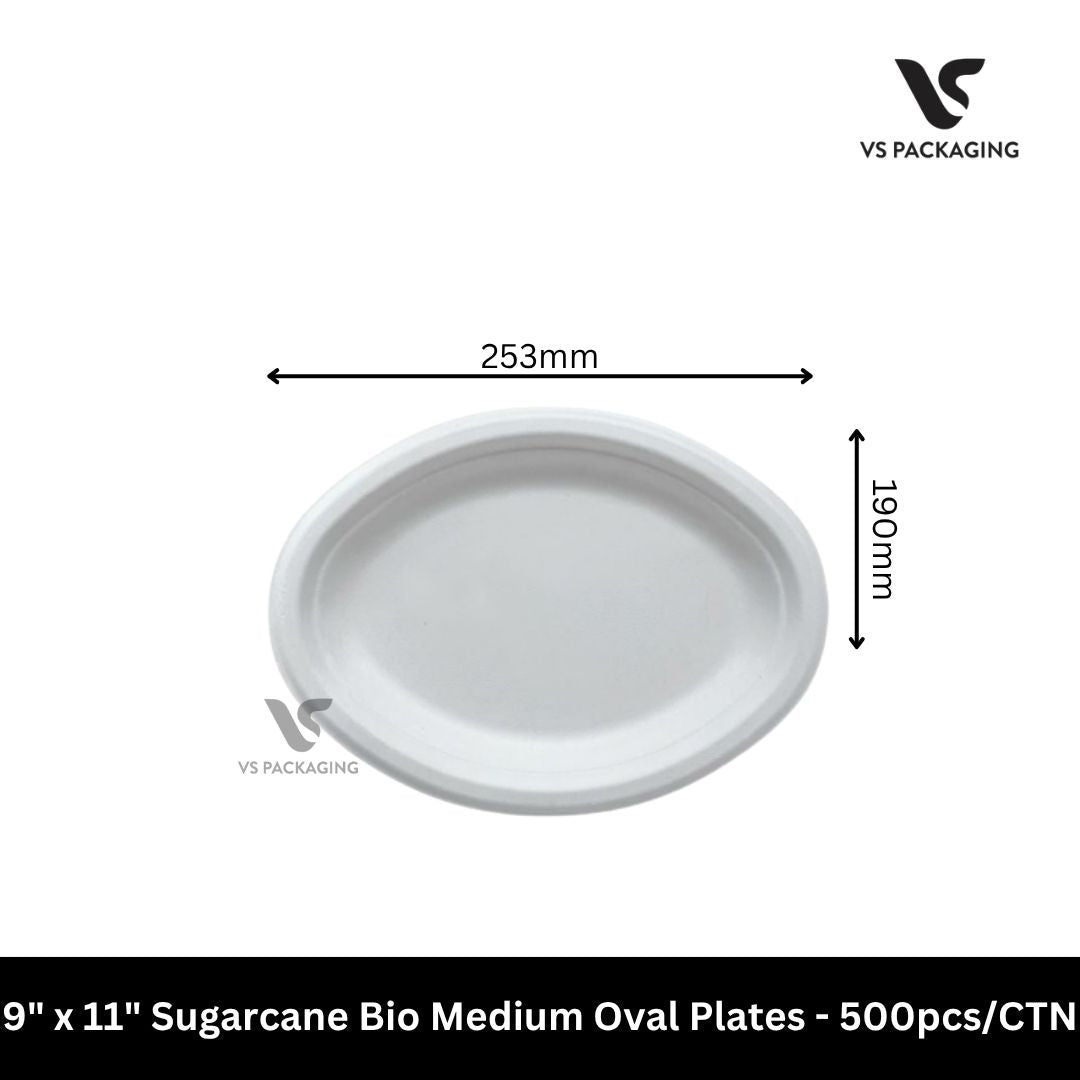 9" x 11" white Sugarcane Bio Medium Oval Plates - 500pcs/CTN VS Packaging