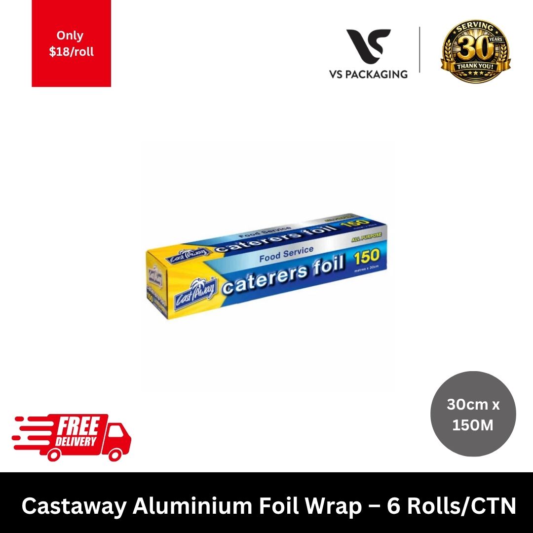 Castaway heavy duty aluminium foil wrap 30cm x 150m roll for catering restaurants and food service packaging use