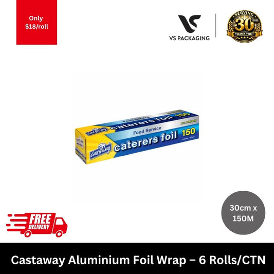 Castaway heavy duty aluminium foil wrap 30cm x 150m roll for catering restaurants and food service packaging use