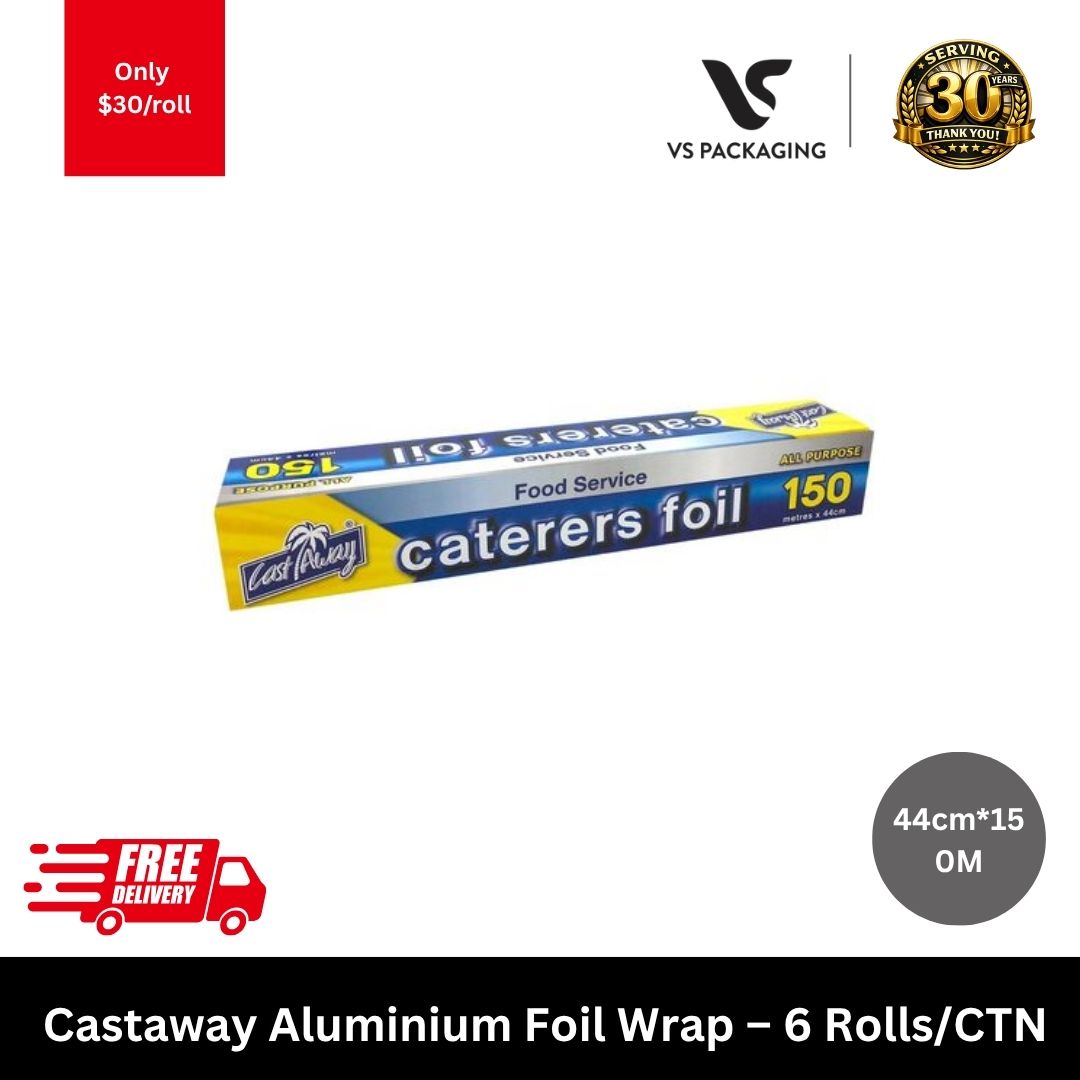 Castaway heavy duty aluminium foil wrap 44cm x 150m roll for commercial catering and food service kitchen use