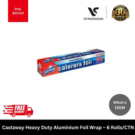 Castaway Heavy Duty Foil Wrap 44cm x 150M – Catering Aluminium Foil (6 Rolls Carton)