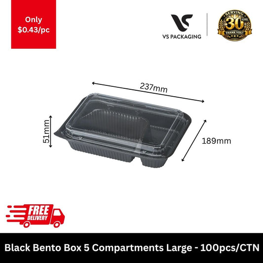 black 5 compartment bento box takeaway container for meal prep and food delivery packaging