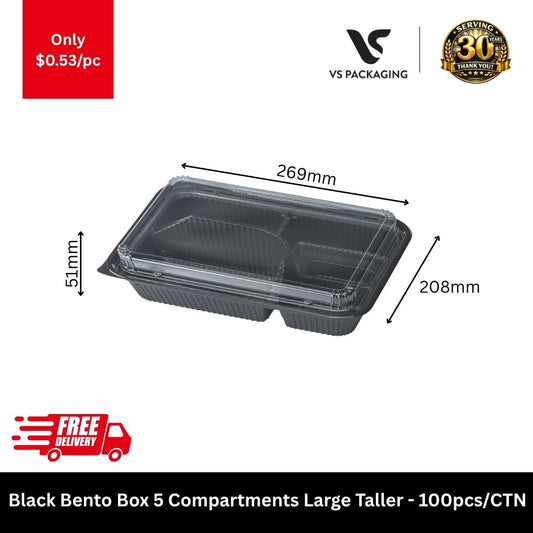 black large taller 5 compartment bento box takeaway container for meal prep and food delivery