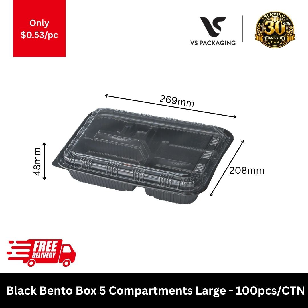 black 5 compartment large bento box takeaway container for meal prep and food delivery packaging
