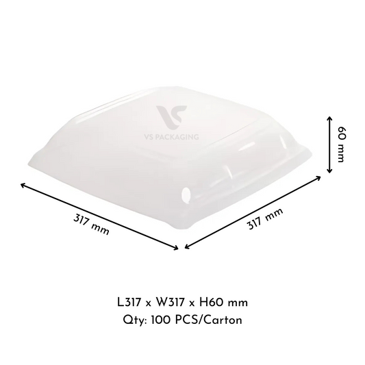 Clear PET lid for medium square sugarcane catering tray – 317x317x60mm