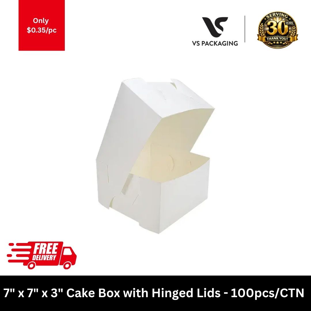 7x7x3 inch white cake box with hinged lid for bakery packaging, food-grade dessert takeaway box 100pcs carton
