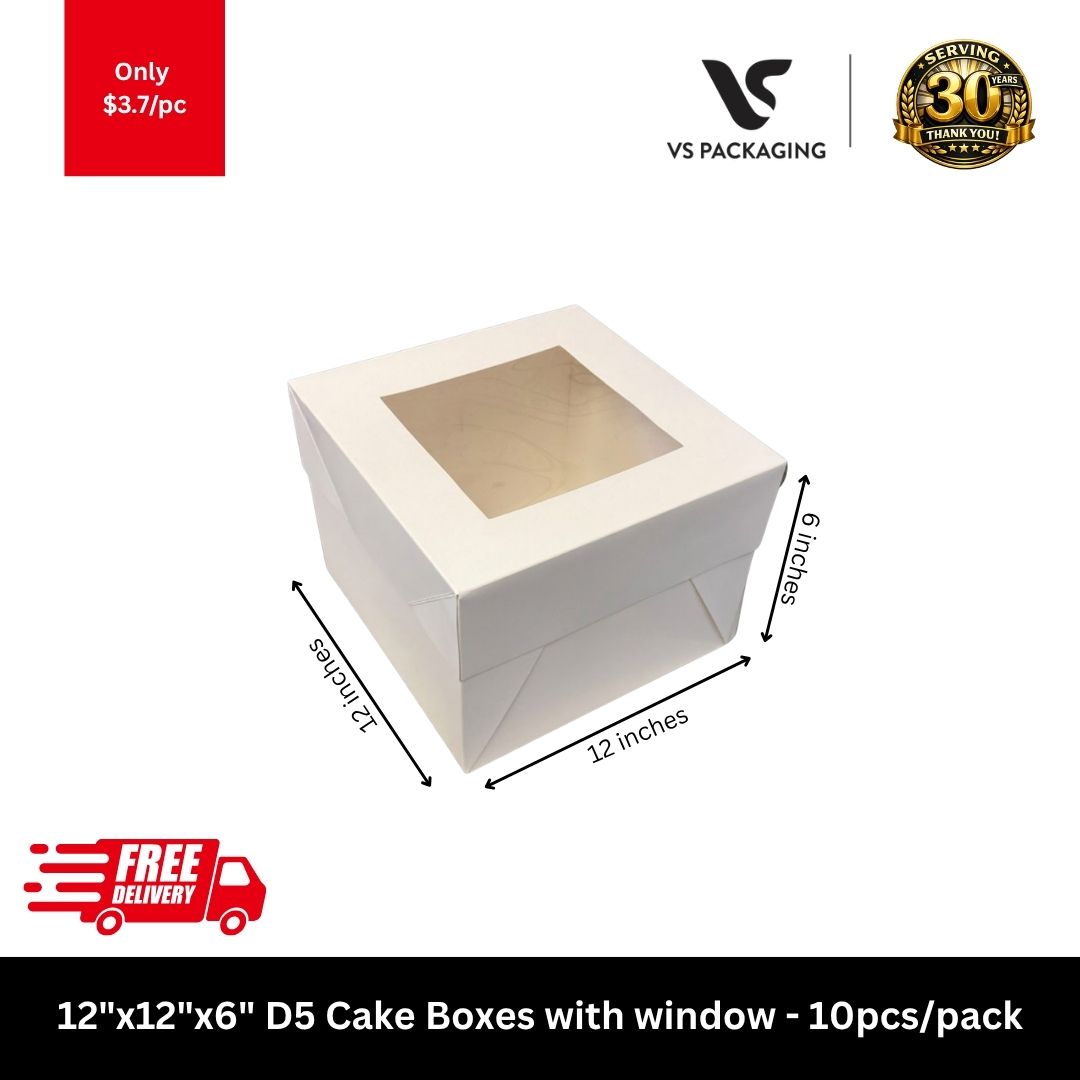 12x12x6 white cake box with clear window for tall celebration cakes and bakery packaging, food-grade cake box 10pcs pack