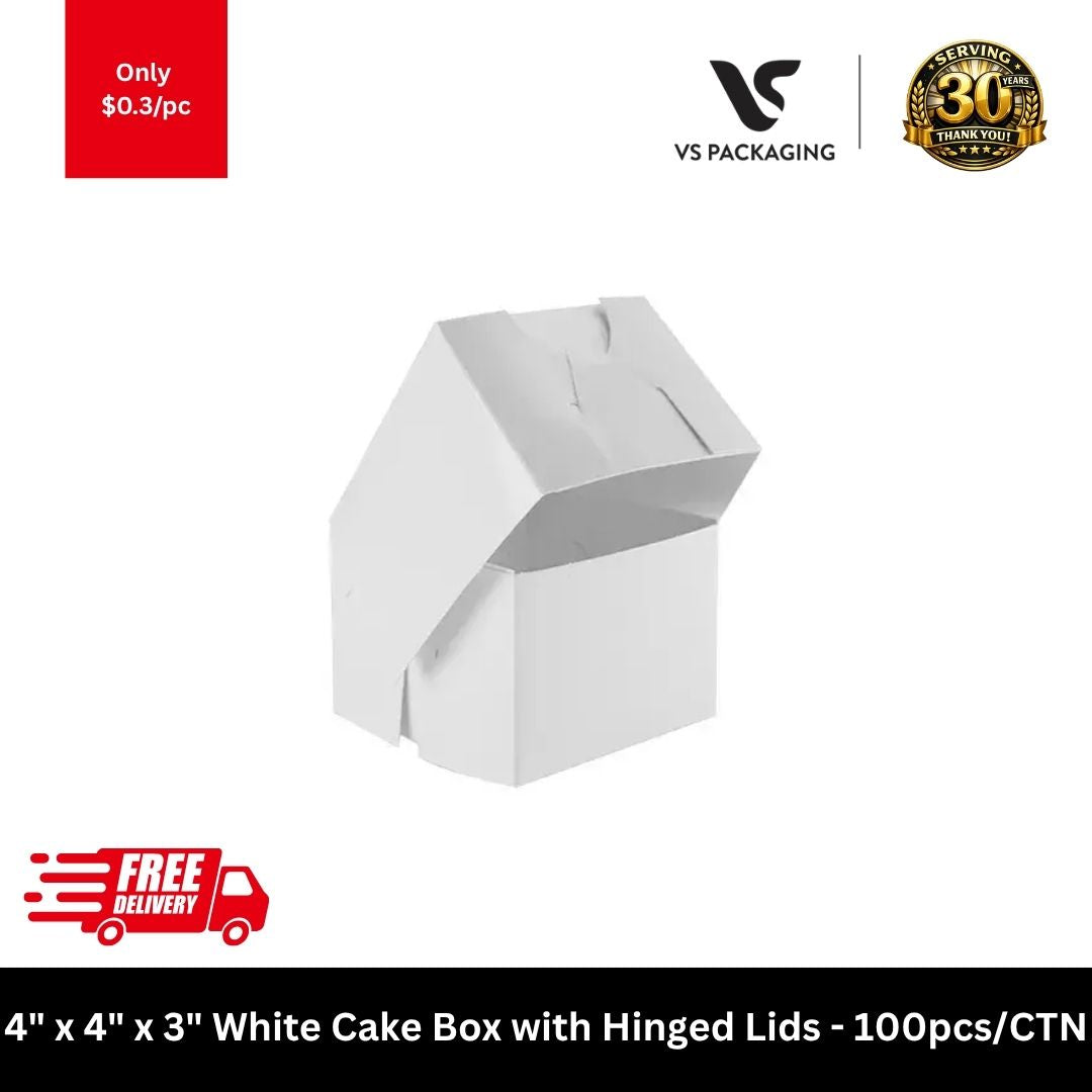 4x4x3 white cake box with hinged lid for mini cakes and dessert packaging, food-grade bakery box 100pcs carton