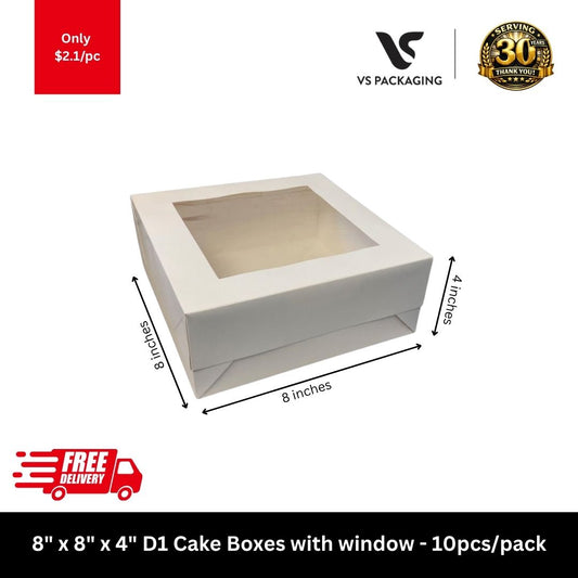 8x8x4 white cake box with clear window for cakes and bakery takeaway packaging, food-grade cake box 10pcs pack