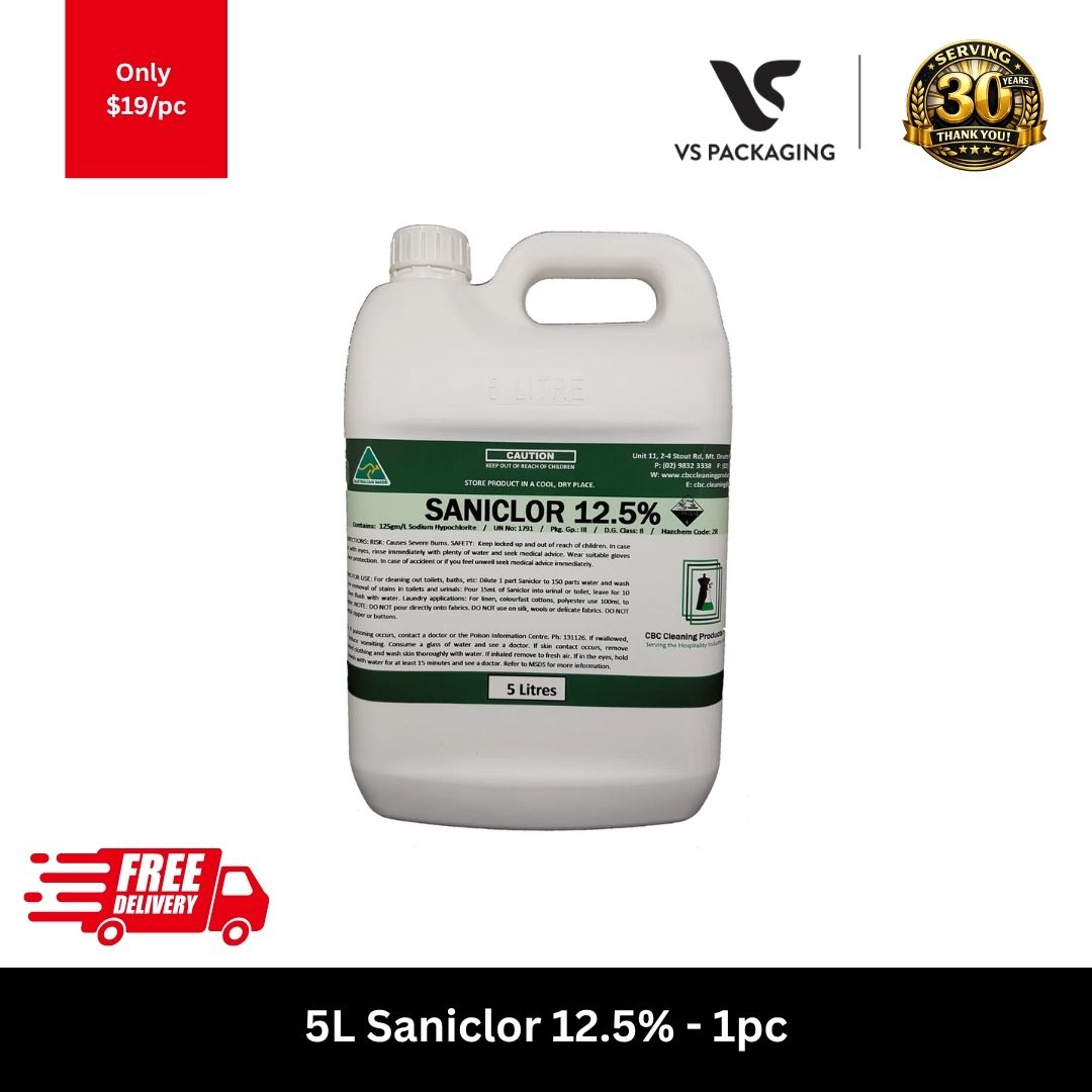 5L Saniclor 12.5 percent high strength chlorine sanitiser for commercial and industrial cleaning