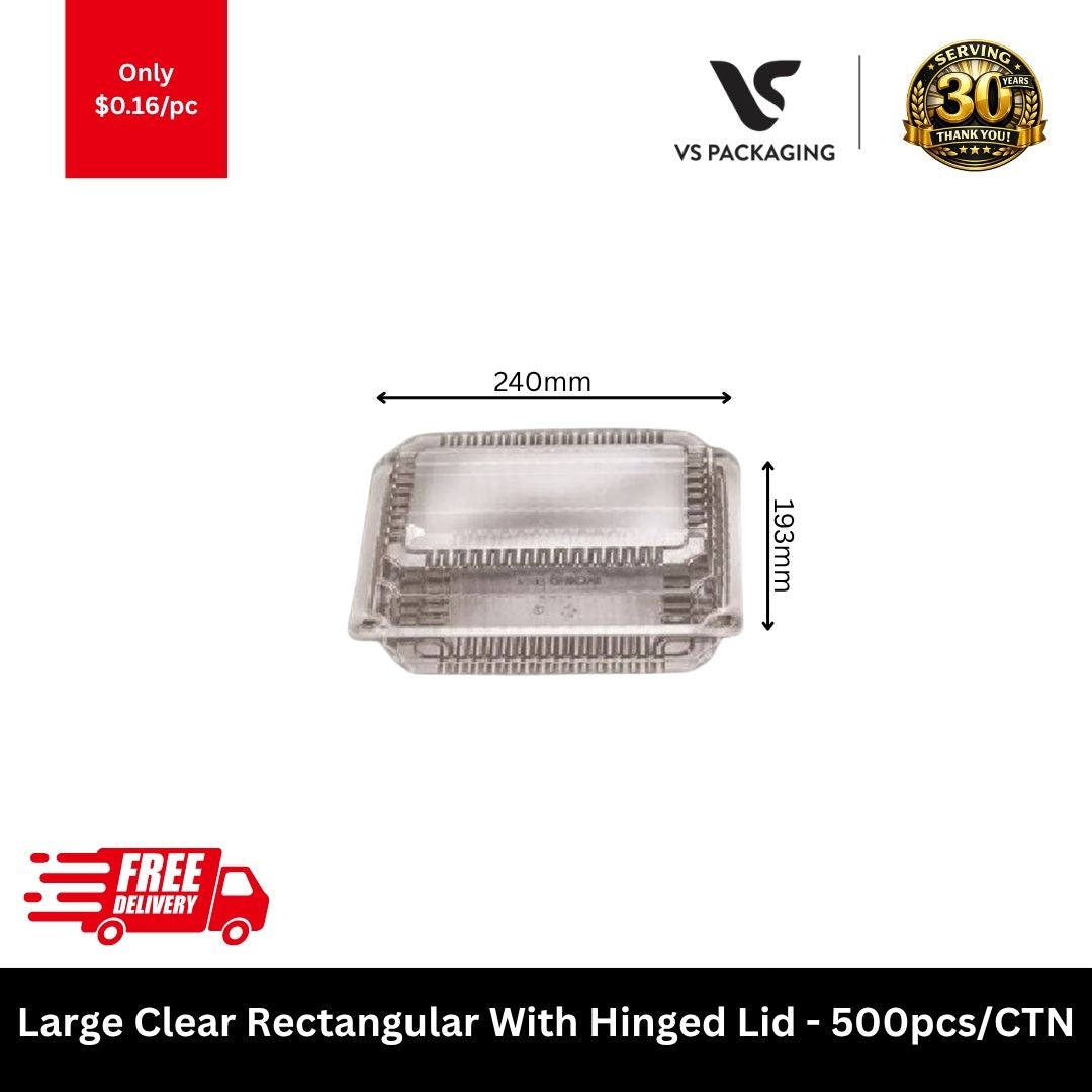 Large clear rectangular hinged lid takeaway food container 193x240x35mm 500pcs carton