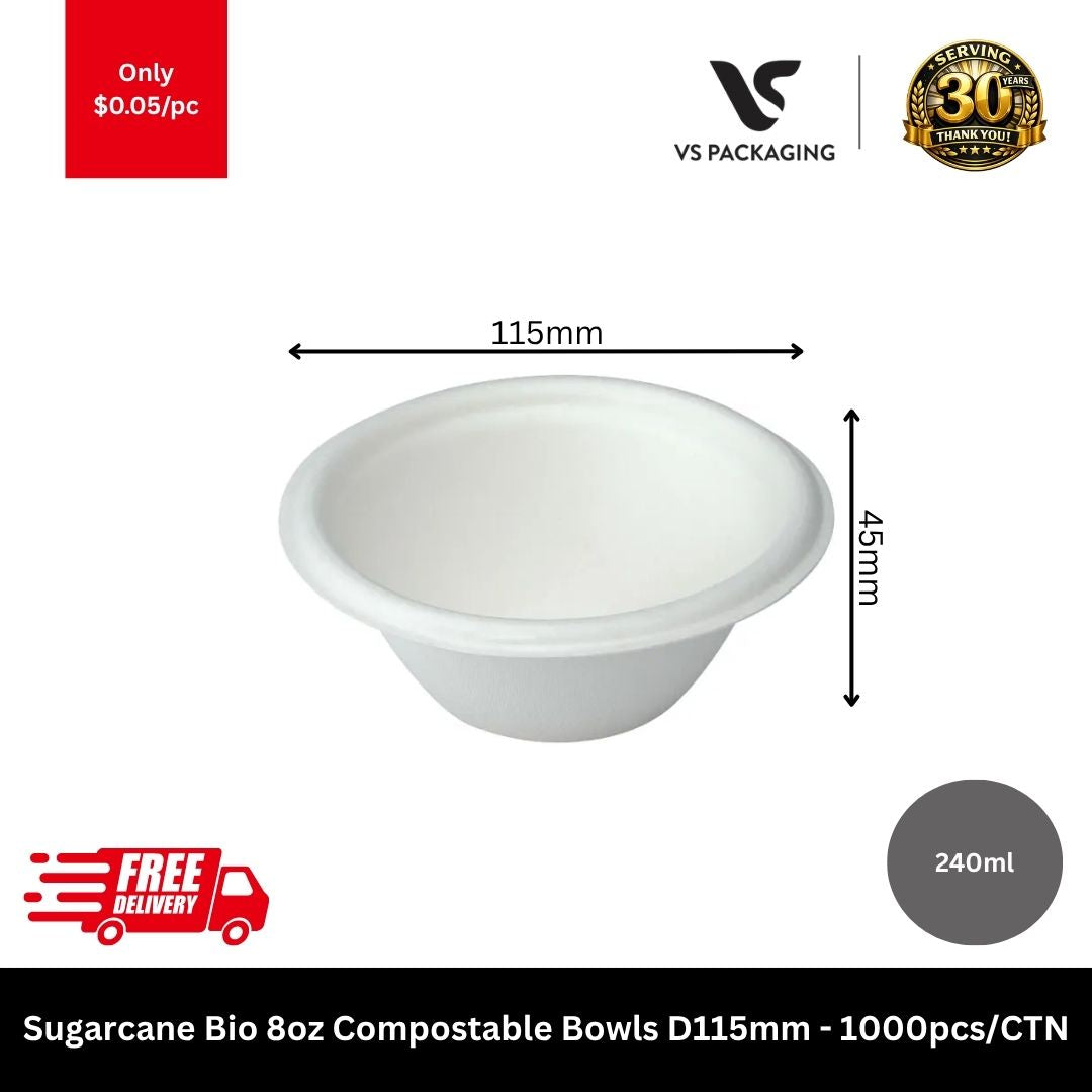 Sugarcane 8oz compostable takeaway bowls 115mm eco friendly bagasse food bowls for cafes restaurants Australia