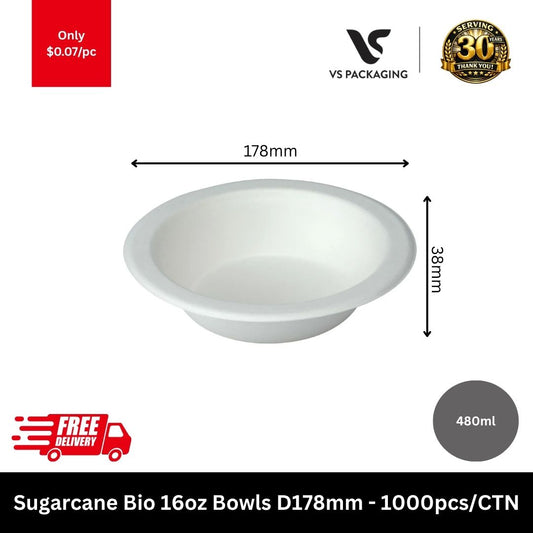 Sugarcane 16oz compostable bowls 178mm eco friendly bagasse takeaway bowls for cafes restaurants catering Australia