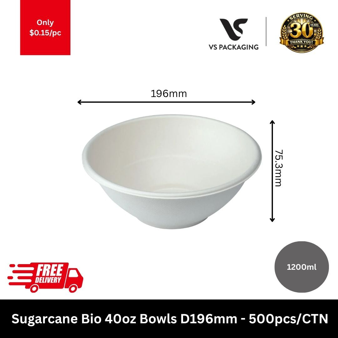 Sugarcane 40oz compostable bowls 196mm 1200ml eco friendly large takeaway bowls for restaurants catering Australia