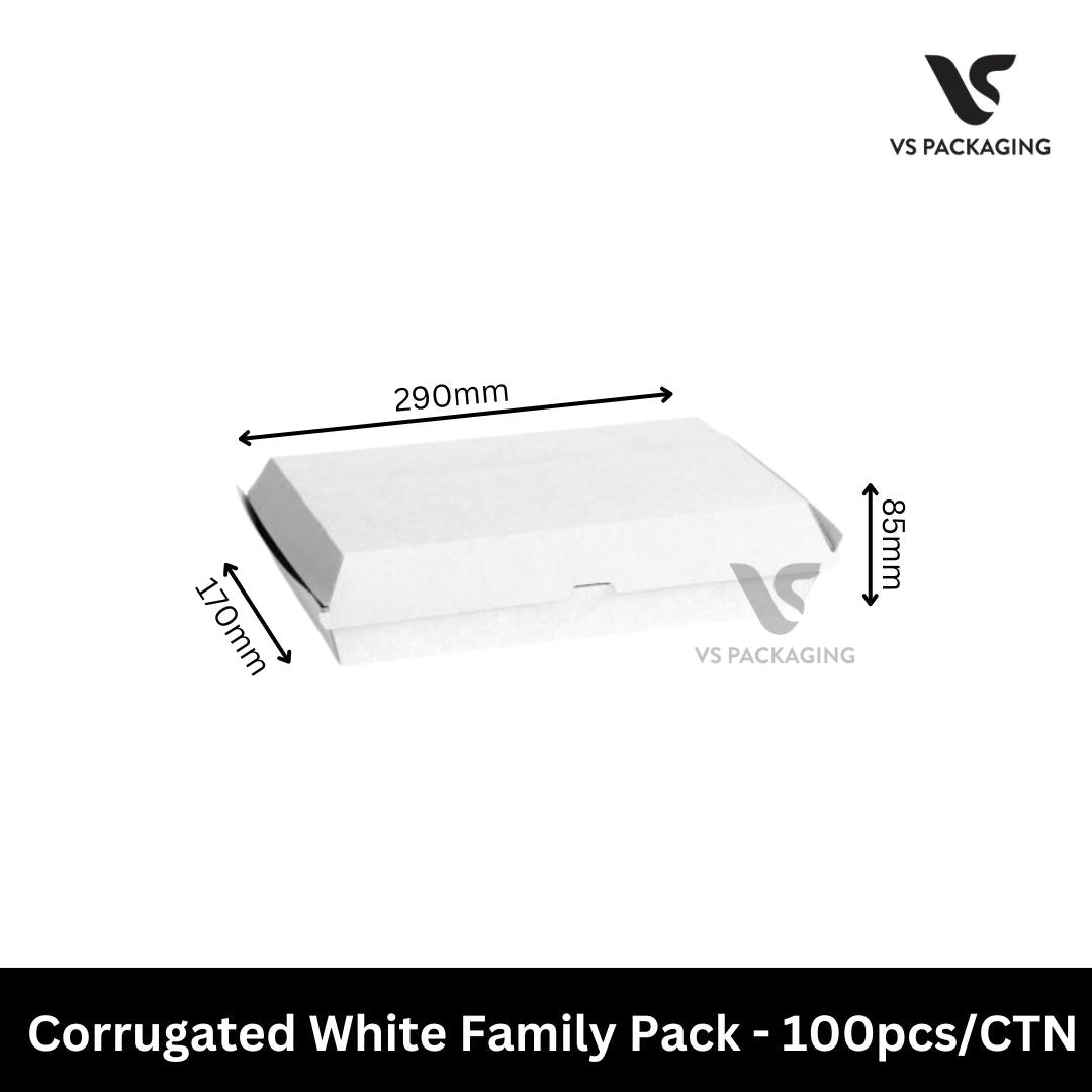 Corrugated white family pack food box 290 x 170 x 85mm for takeaway meals and burgers - 100pcs carton