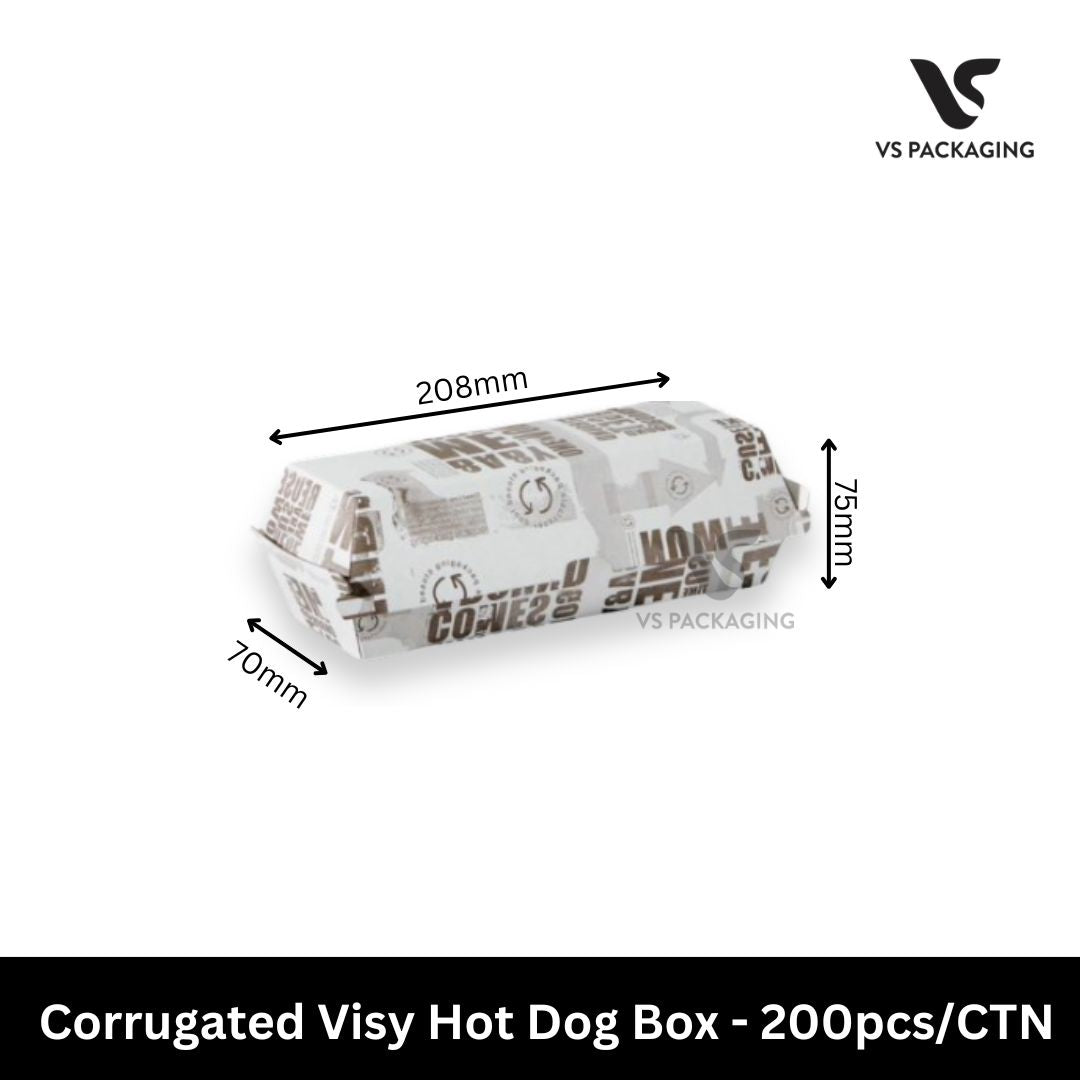 Visy corrugated hot dog box 208 x 70 x 75mm for takeaway food and snacks - 200pcs carton