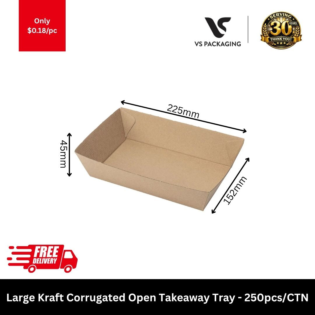 large kraft corrugated takeaway tray 225x152x45mm eco friendly food tray 250pcs bulk Australia