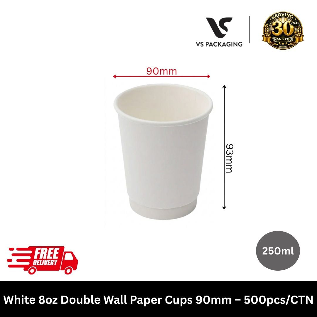White 8oz double wall paper coffee cups 90mm bulk hot takeaway cups for cafes Australia