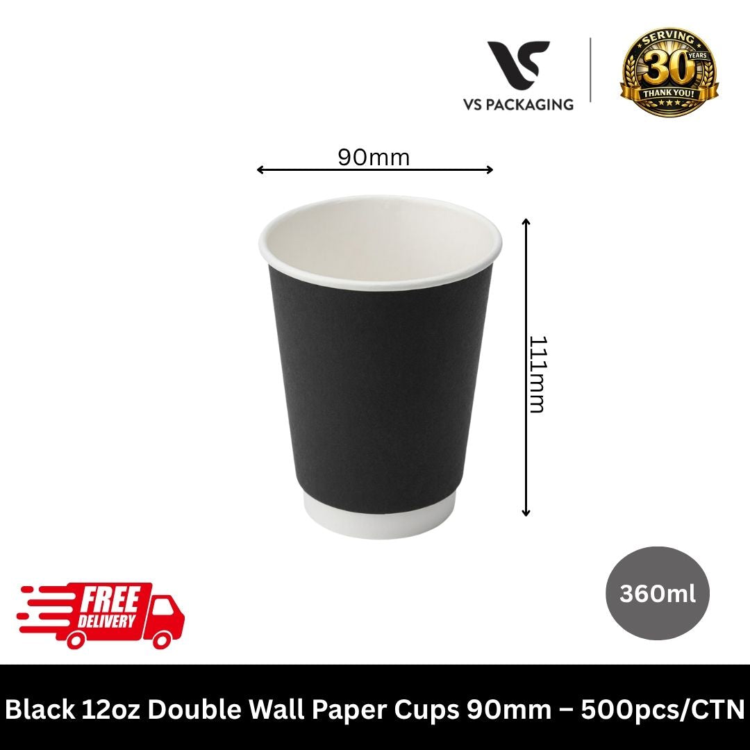 Black 12oz double wall paper coffee cups 90mm bulk hot takeaway cups for cafes Australia
