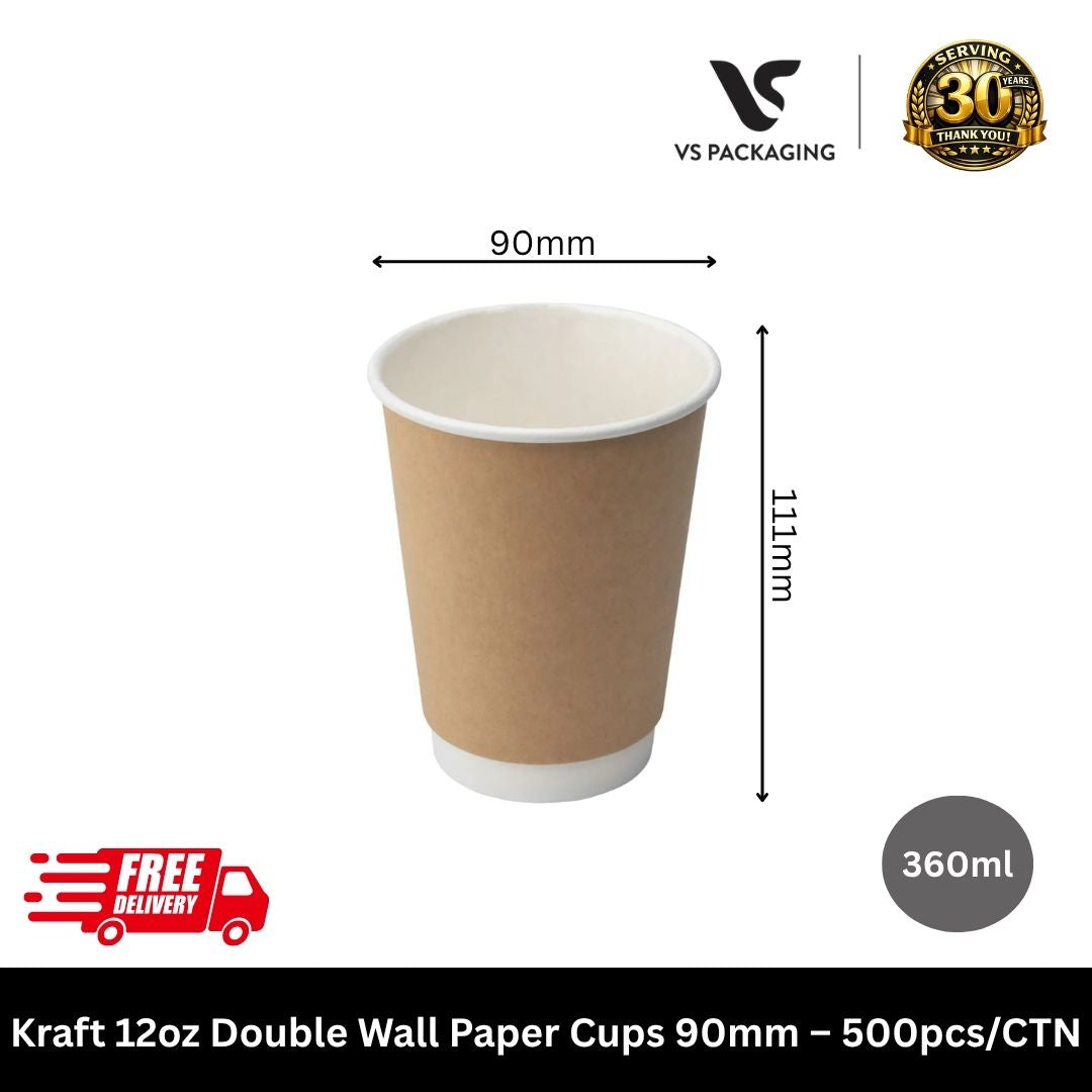 Kraft 12oz double wall paper coffee cups 90mm eco takeaway cups bulk for cafes Australia