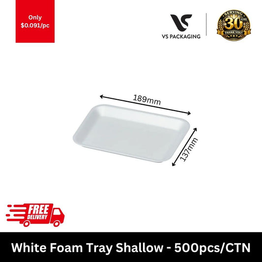 White shallow foam food tray 189x137x15mm for meat seafood takeaway packaging