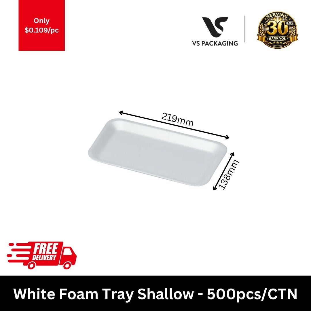 White foam tray shallow 219x138x15mm rectangular food tray for meat seafood takeaway packaging