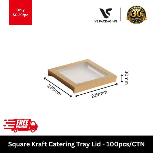 Square kraft catering tray lid with PET window 228x228x30mm cardboard food lid for takeaway catering and display