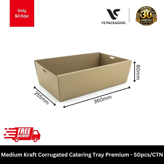 Medium kraft corrugated catering tray premium 360x255x80mm heavy duty cardboard food tray for takeaway and catering