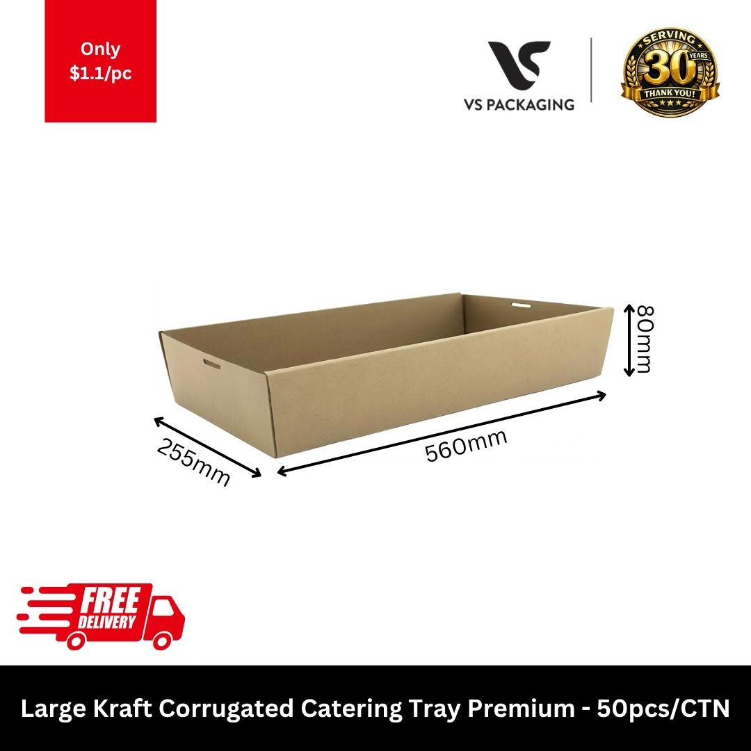 Large kraft corrugated catering tray premium 560x255x80mm heavy duty cardboard food tray for catering takeaway and large portions