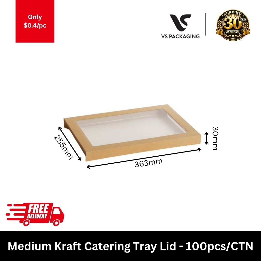 Shop medium kraft catering tray lid with PET window 363x255x30mm. Ideal for catering, takeaway & food display. Strong, eco-friendly. 100pcs/CTN Australia-wide.