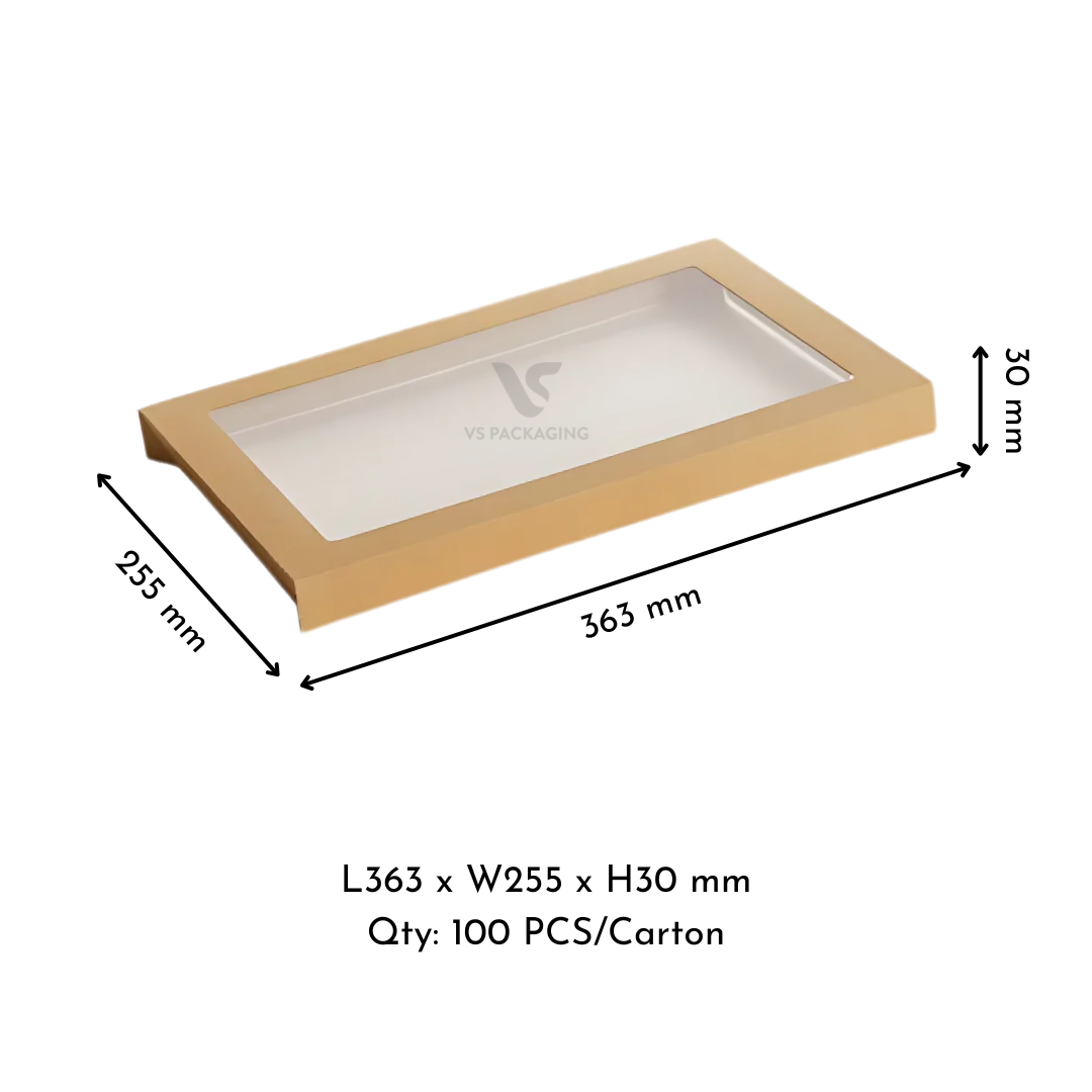 Kraft Catering Tray 2 Medium Lid – 363×255×30mm Cardboard + PET Lid supplied by VS Packaging Australia (100pcs / Carton)