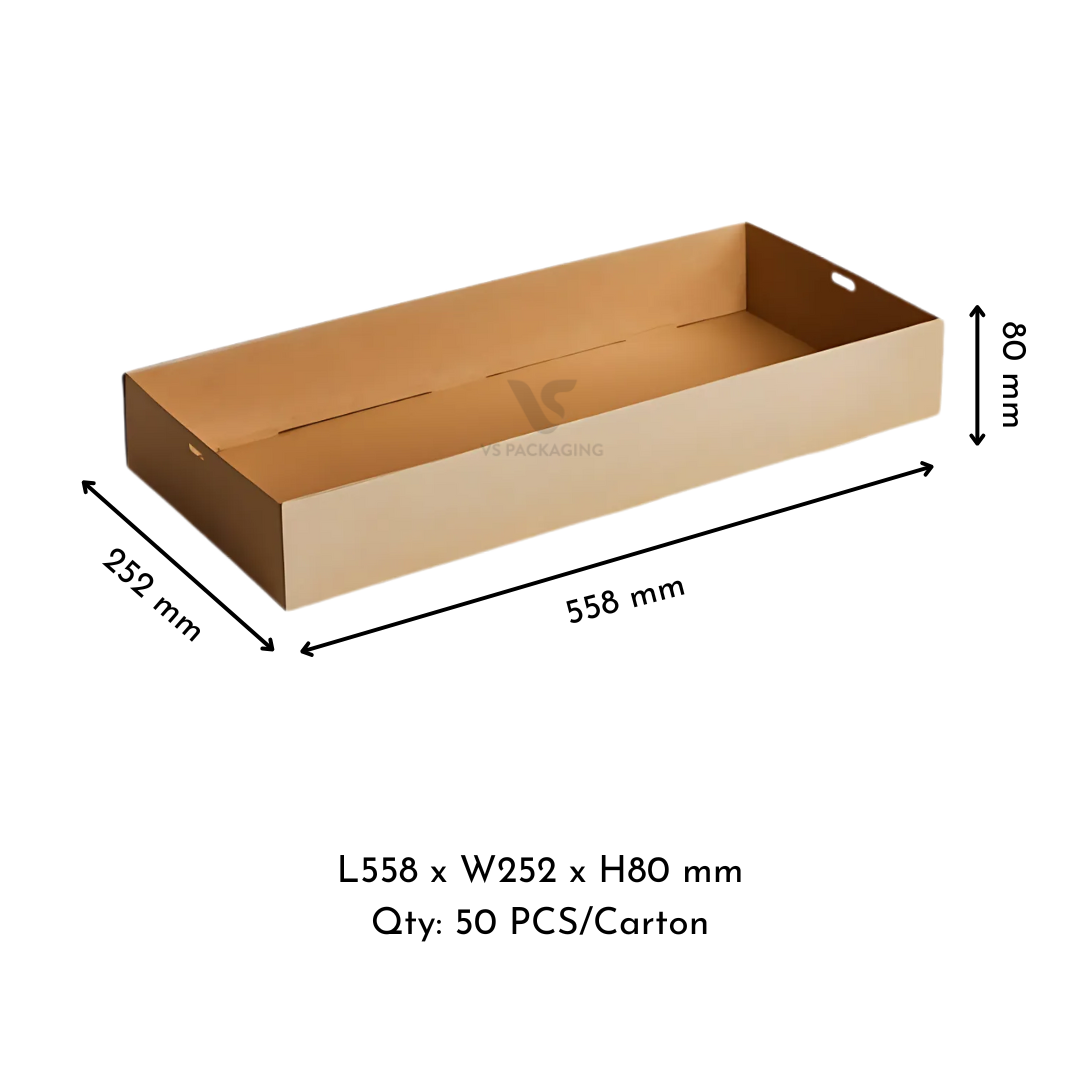 Kraft Catering Tray 3 Large Base – 558×252×80mm Cardboard Food Tray supplied by VS Packaging Australia (50pcs / Carton)